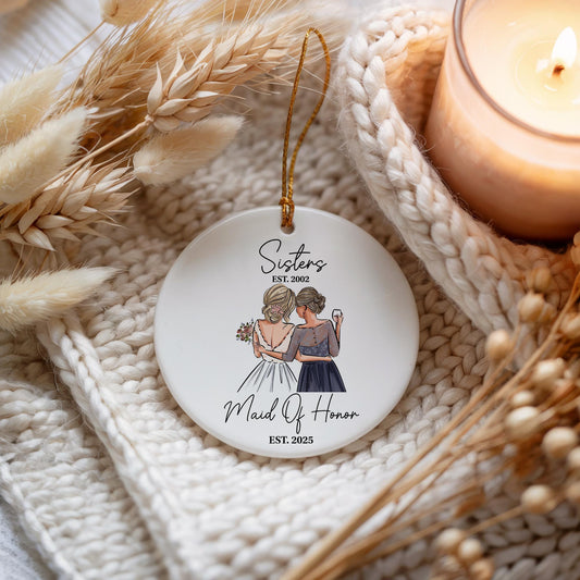 Personalized Date Maid Of Honor Ornament, Ceramic Sister Wedding Keepsake, MOH Proposal Gift
