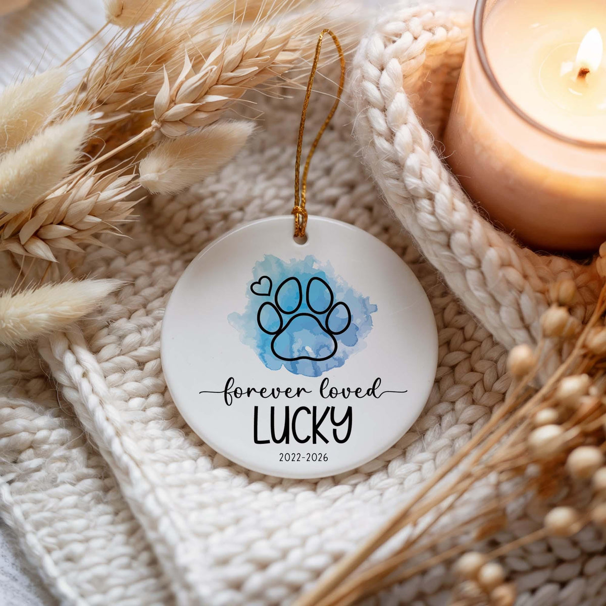 Personalized Dog Memorial Ceramic Ornament, Forever Loved Paw Illustration Design Keepsake