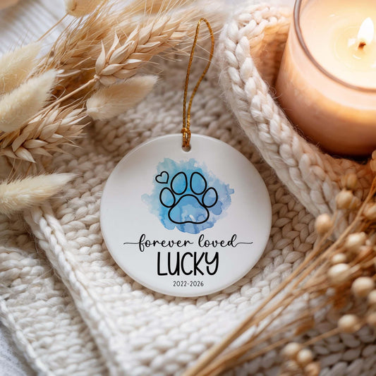Personalized Dog Memorial Ceramic Ornament, Forever Loved Paw Illustration Design Keepsake