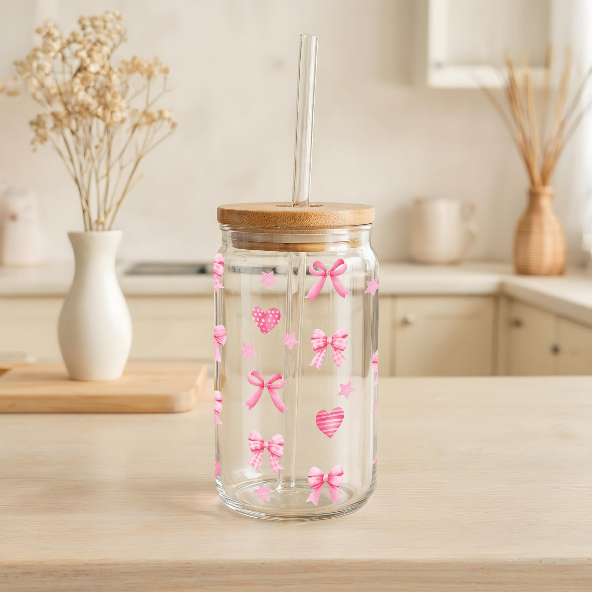 Cute Pink Coquettes & Hearts Design Iced Coffee Cup Tumbler