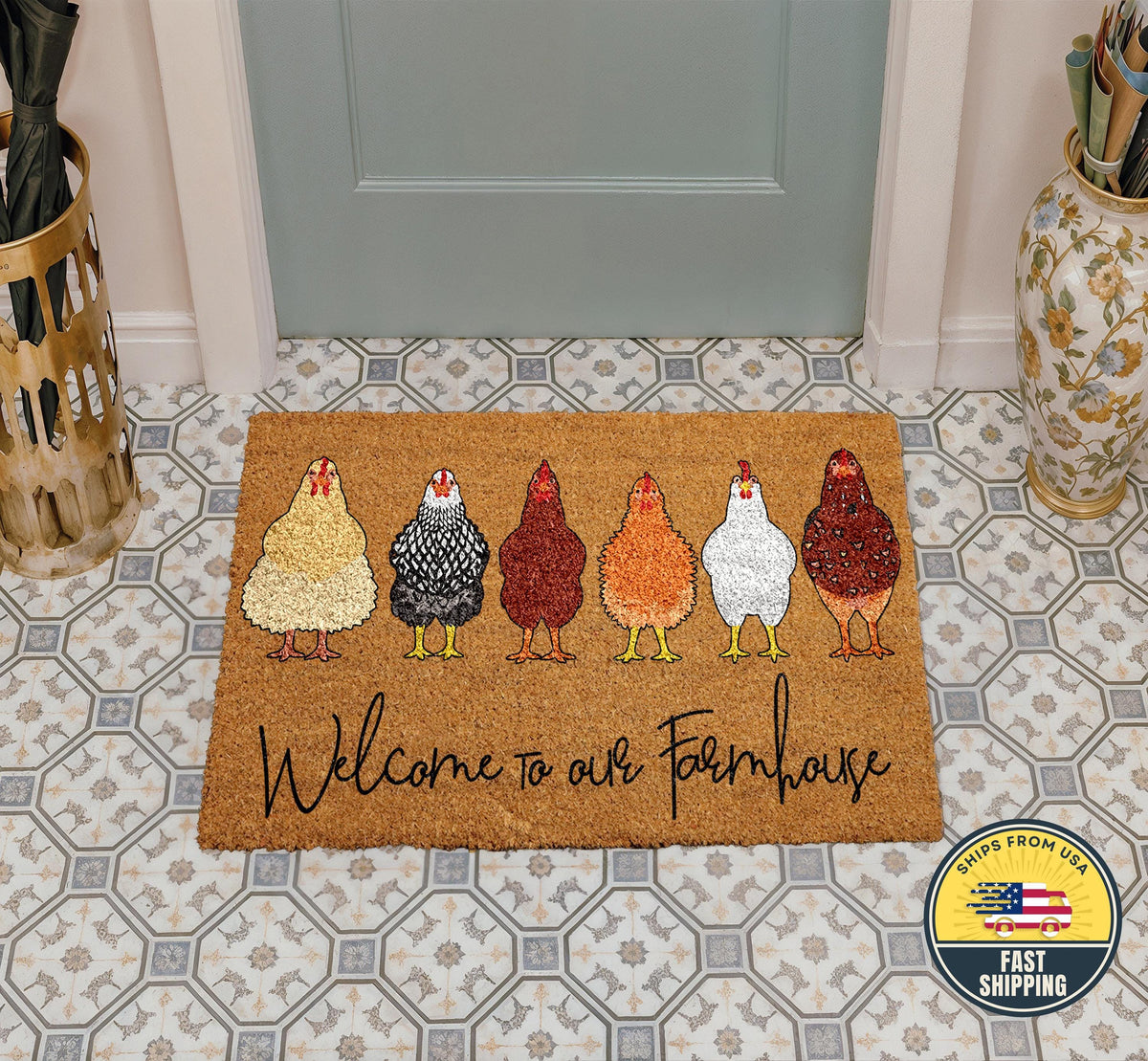 Welcome To Our Farmhouse Coir Doormat, Cute Chickens Farmhouse Doormat, Rustic Welcome Mat