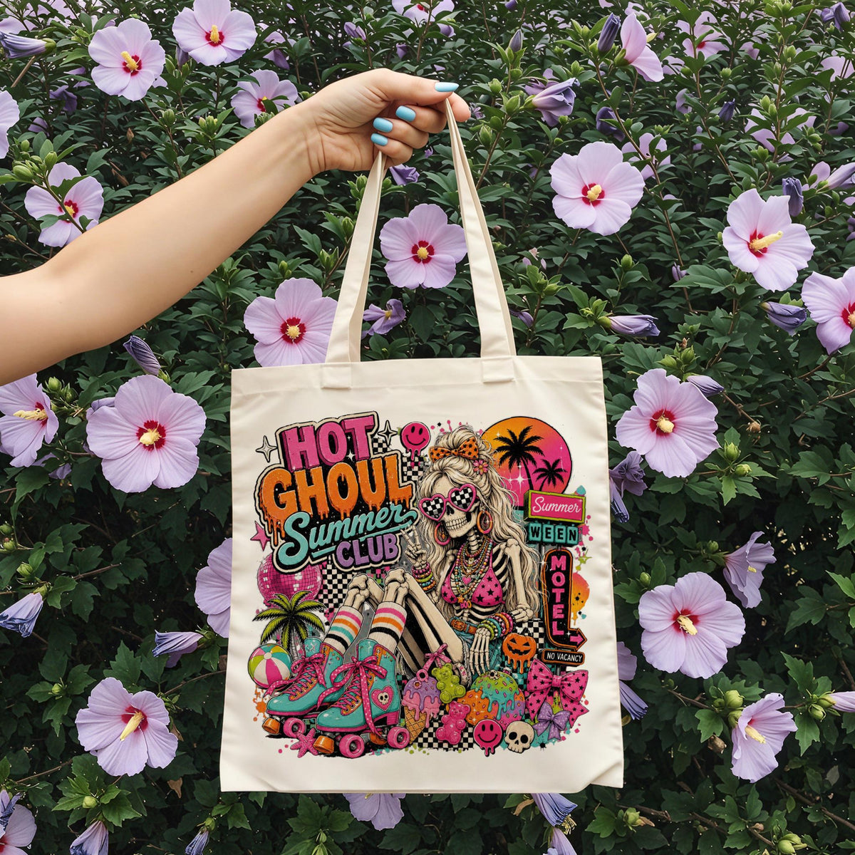Spooky Summer Beach Tote Bag, Halloween Vacation Bag, Retro Ghoul Girl Tote, Gothic Pumpkin Beach Bag