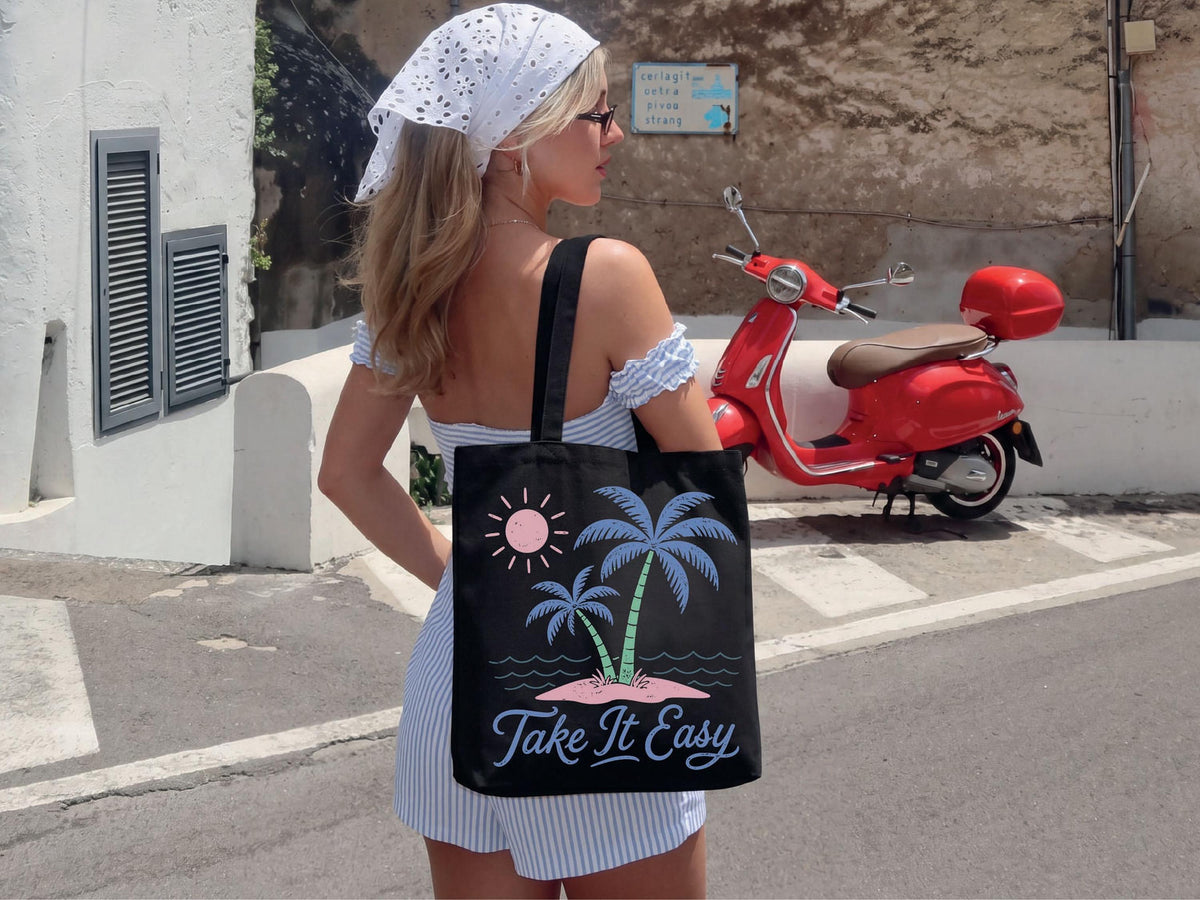 Take It Easy Beach Tote Bag, Palm Tree Summer Tote, Tropical Vacation Bag, Canvas Beach Bag, Beach Lover Gift