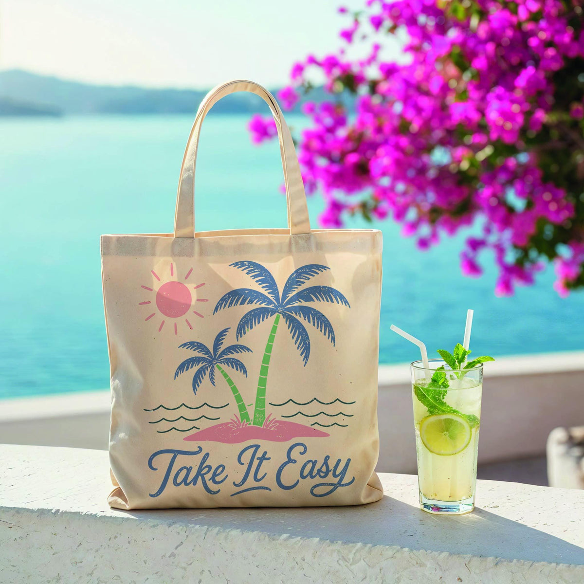 Take It Easy Beach Tote Bag, Palm Tree Summer Tote, Tropical Vacation Bag, Canvas Beach Bag, Beach Lover Gift
