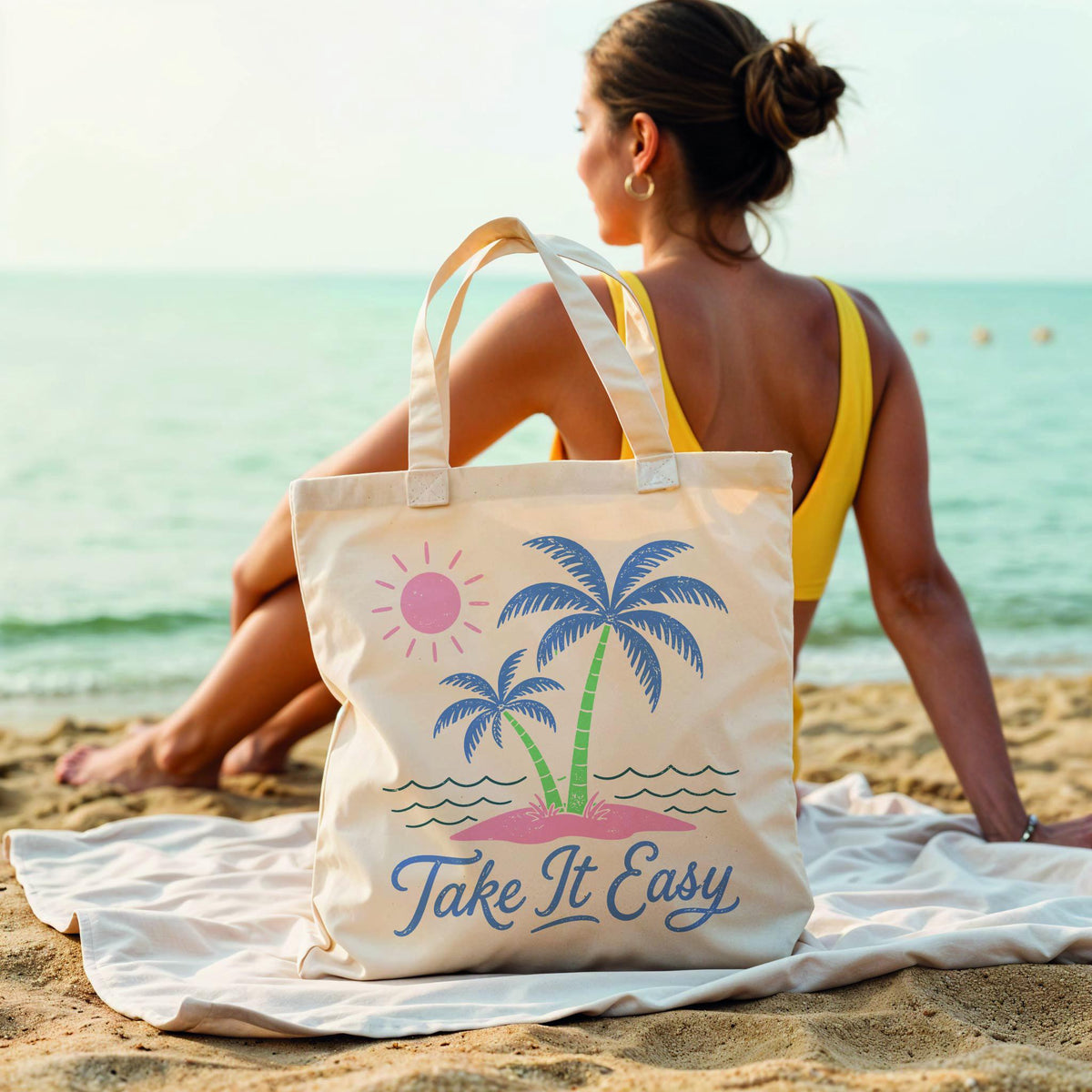 Take It Easy Beach Tote Bag, Palm Tree Summer Tote, Tropical Vacation Bag, Canvas Beach Bag, Beach Lover Gift