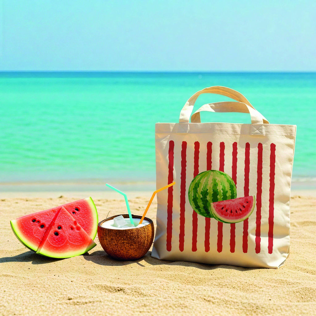 Summer Fruit Tote Bag, Striped Canvas Tote, Summer Market Bag, Watermelon Lemon Canvas Tote, Tropical Fruit Tote