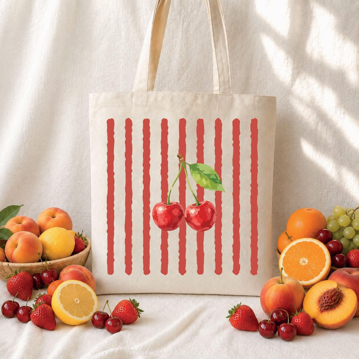 Summer Fruit Tote Bag, Striped Canvas Tote, Summer Market Bag, Watermelon Lemon Canvas Tote, Tropical Fruit Tote