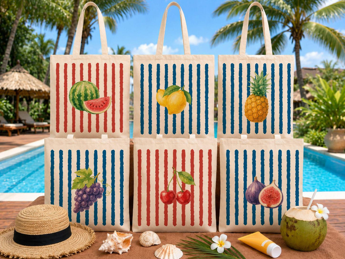 Summer Fruit Tote Bag, Striped Canvas Tote, Summer Market Bag, Watermelon Lemon Canvas Tote, Tropical Fruit Tote