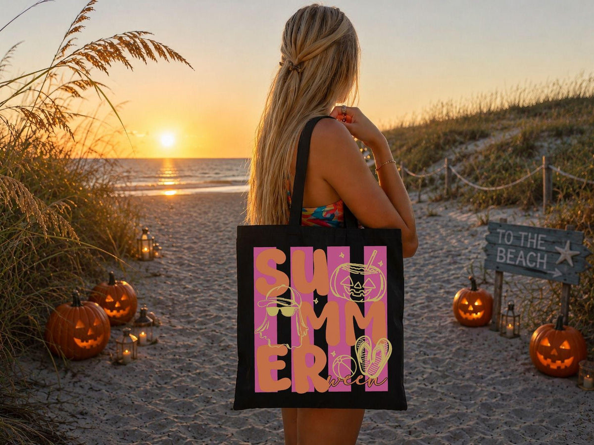 Spooky Summer Tote Bag, Halloween Beach Tote, Ghost Pumpkin Canvas Bag, Summer Halloween Tote, Beach Vacation Bag