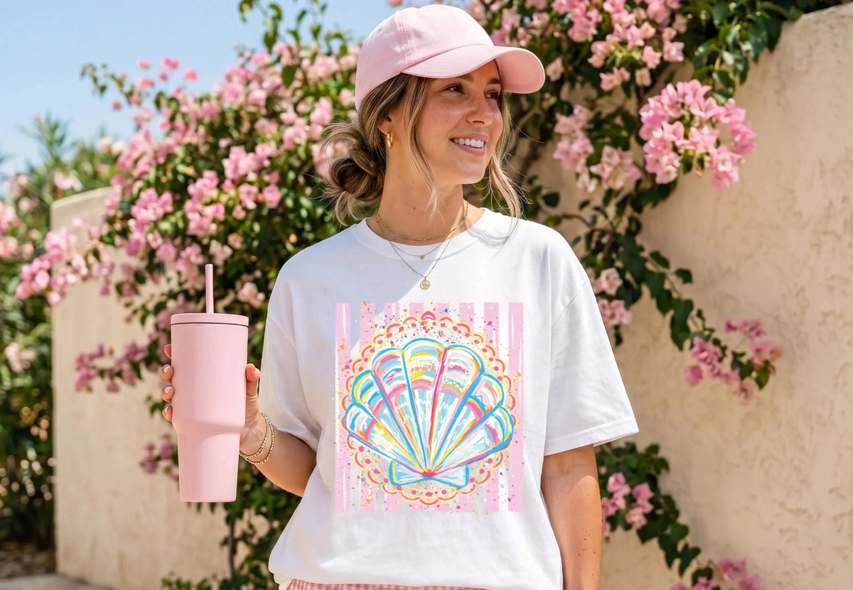 Comfort Colors® Preppy Summer T-Shirt, Striped Seashell Shirt, Beach Vacation Tee