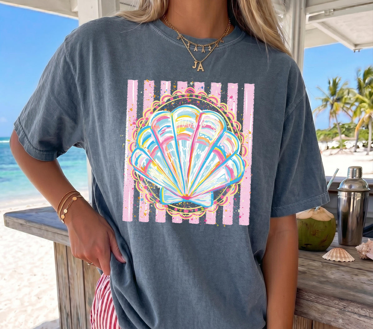Comfort Colors® Preppy Summer T-Shirt, Striped Seashell Shirt, Beach Vacation Tee