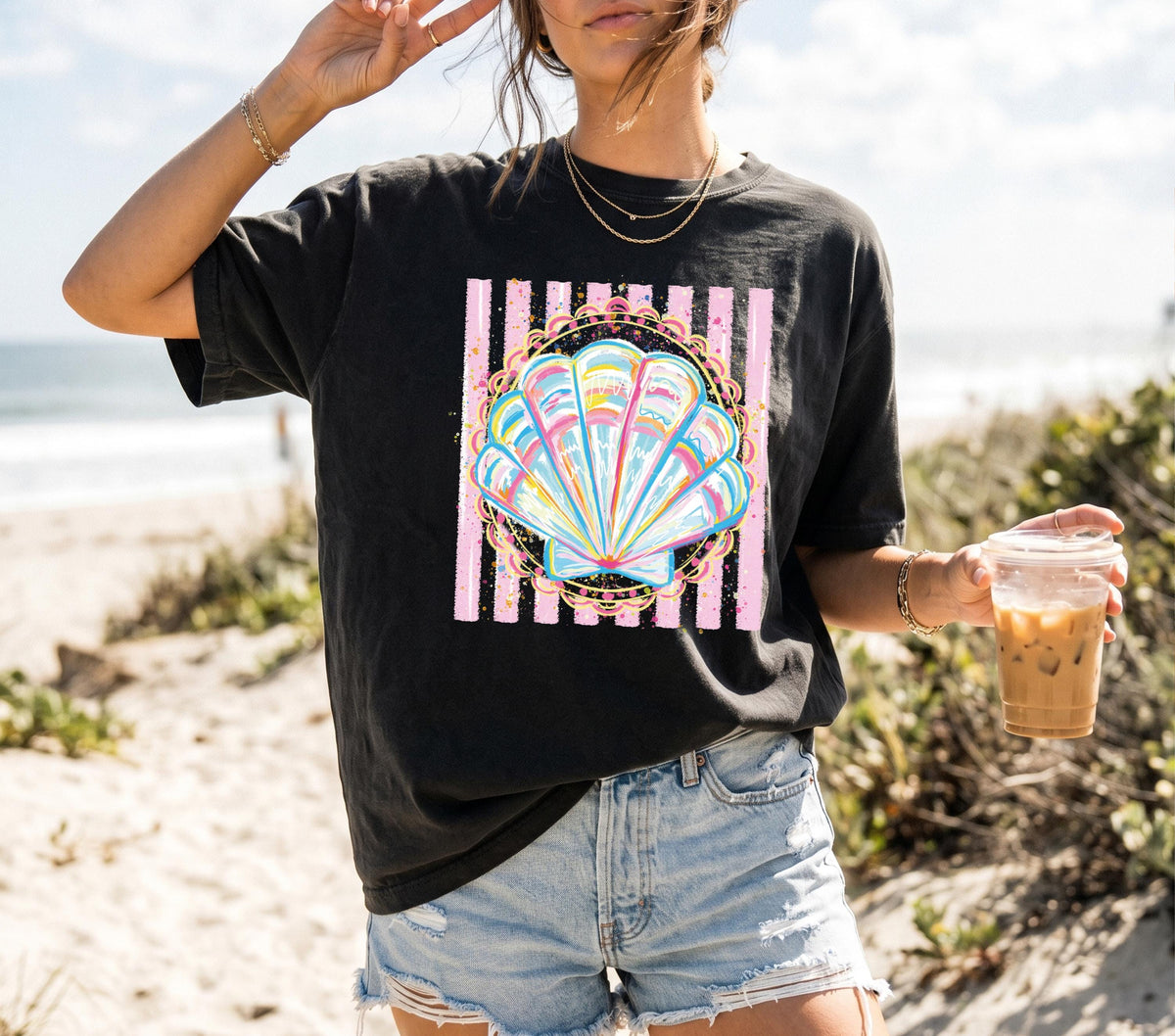 Comfort Colors® Preppy Summer T-Shirt, Striped Seashell Shirt, Beach Vacation Tee