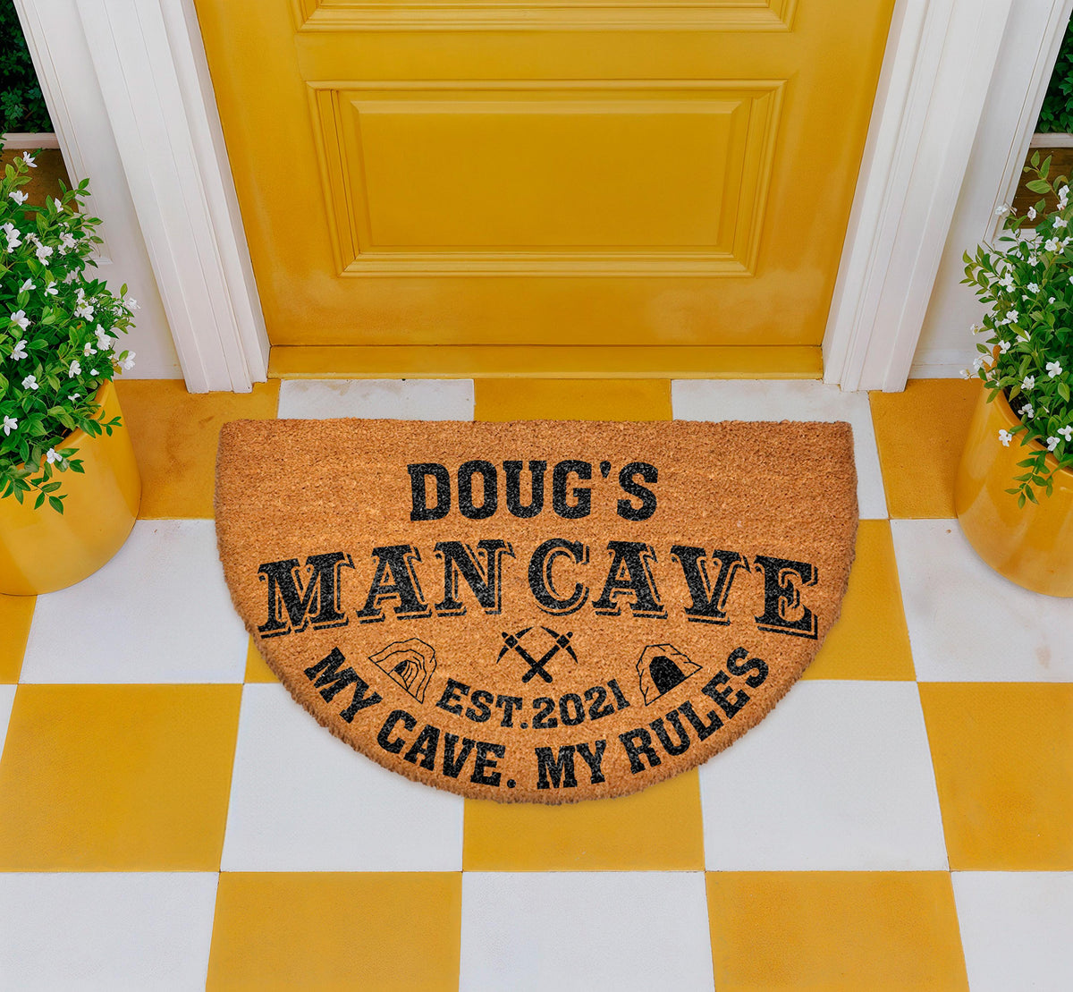 Funny Man Cave Welcome Mat, Personalized Doormat with Custom Name and Year, Father's Day Gift