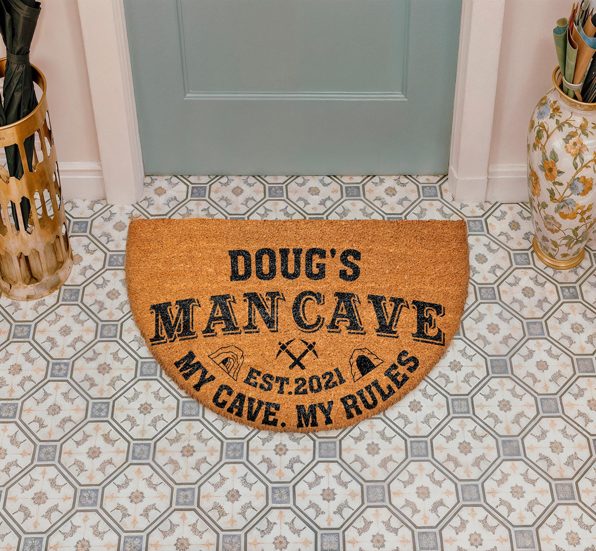 Funny Man Cave Welcome Mat, Personalized Doormat with Custom Name and Year, Father's Day Gift