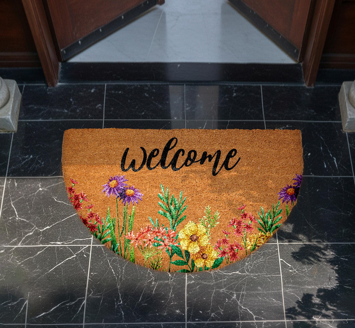 Floral Welcome Doormat, Wildflower Coir Door Mat, Spring Entry Rug, Botanical Front Porch Decor