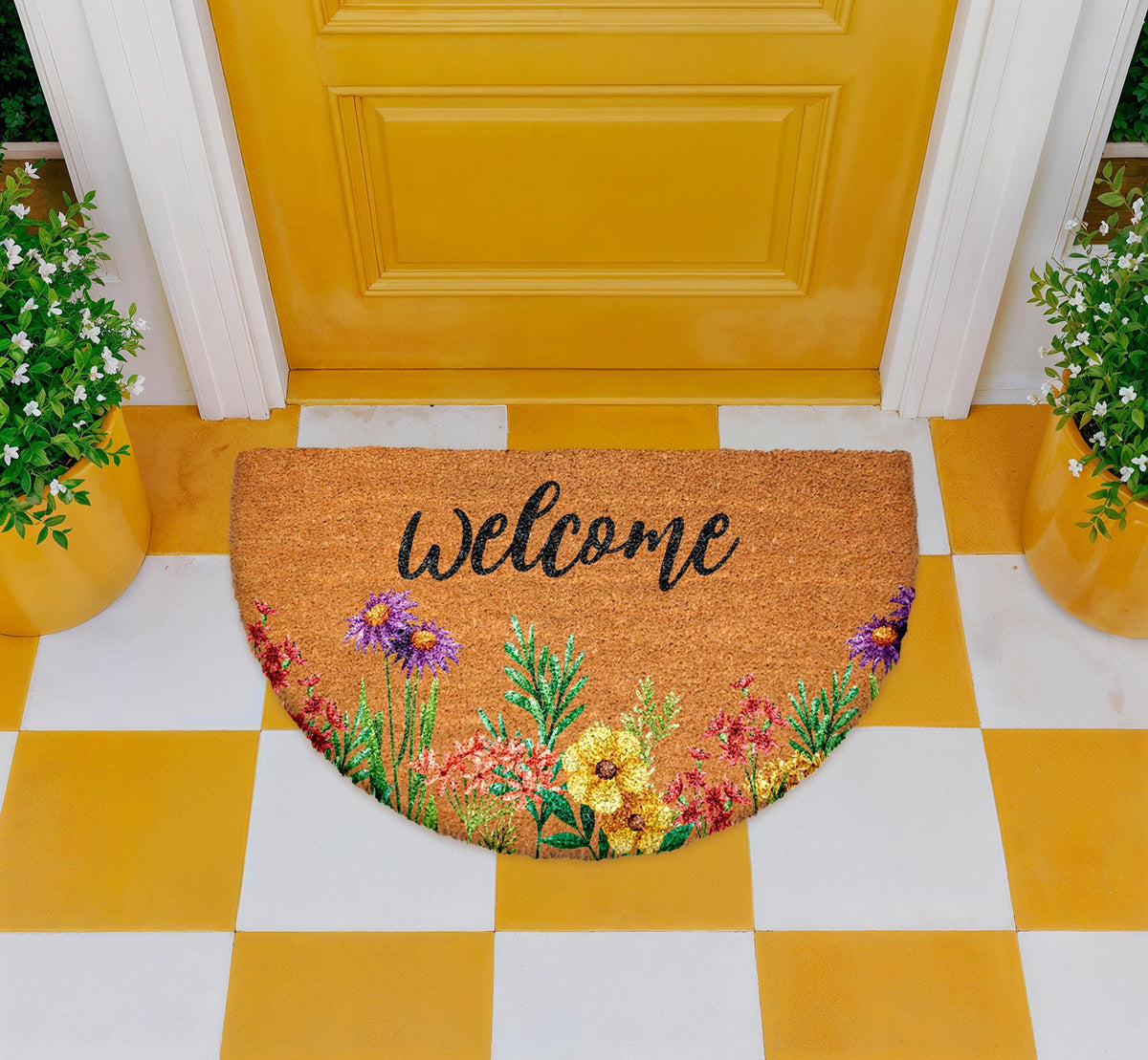 Floral Welcome Doormat, Wildflower Coir Door Mat, Spring Entry Rug, Botanical Front Porch Decor