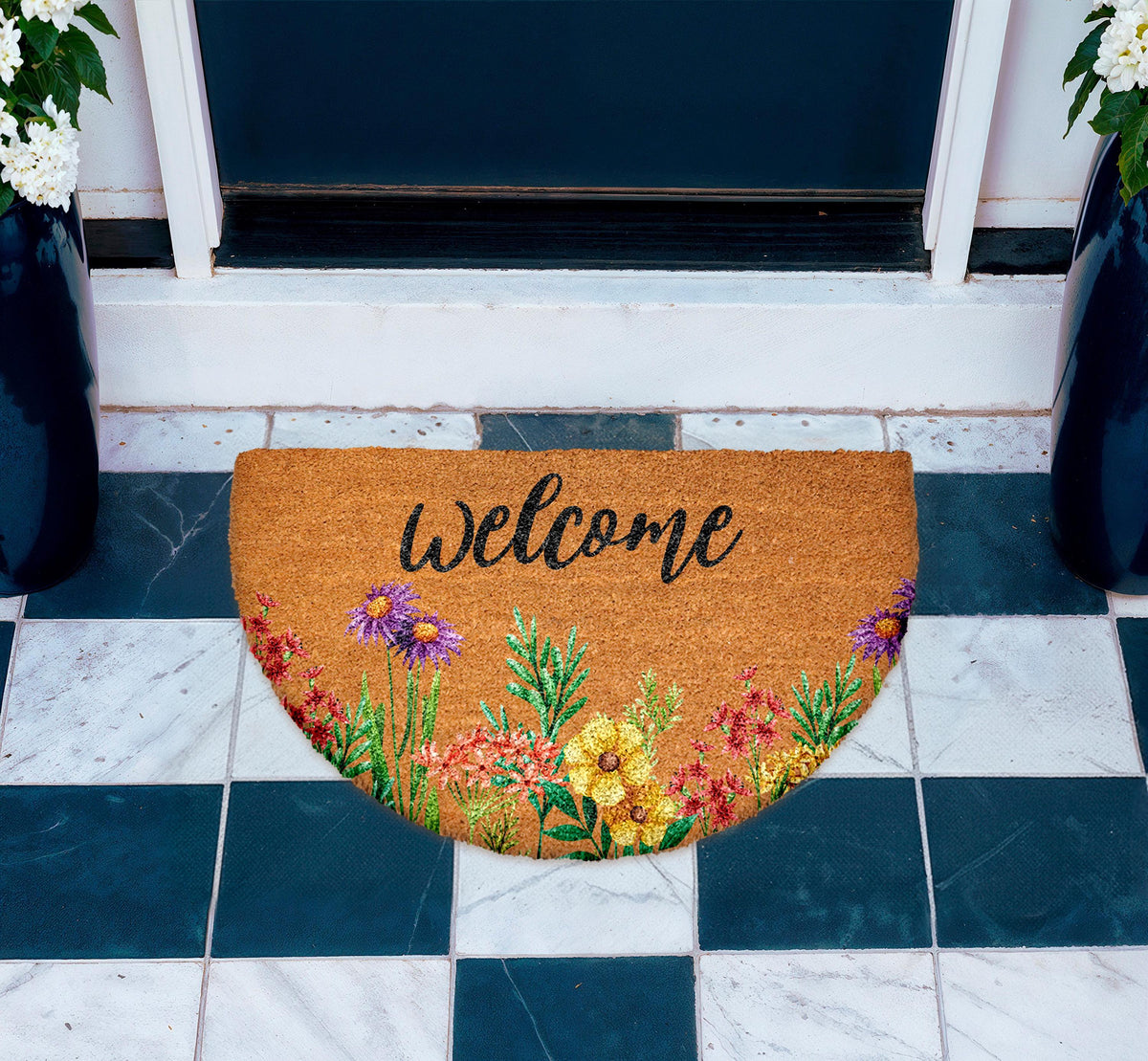 Floral Welcome Doormat, Wildflower Coir Door Mat, Spring Entry Rug, Botanical Front Porch Decor