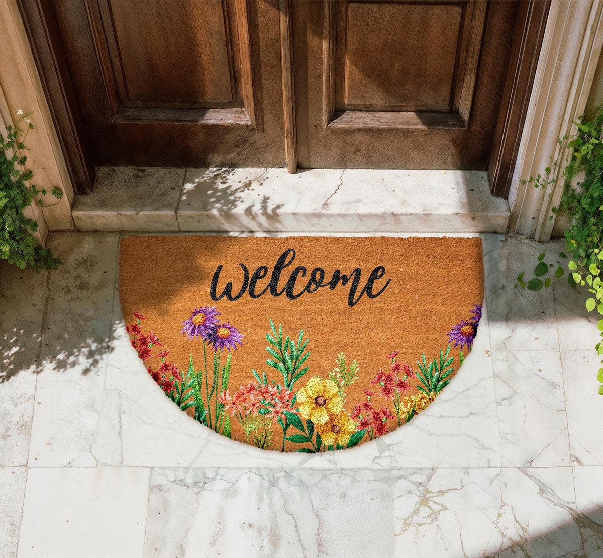 Floral Welcome Doormat, Wildflower Coir Door Mat, Spring Entry Rug, Botanical Front Porch Decor