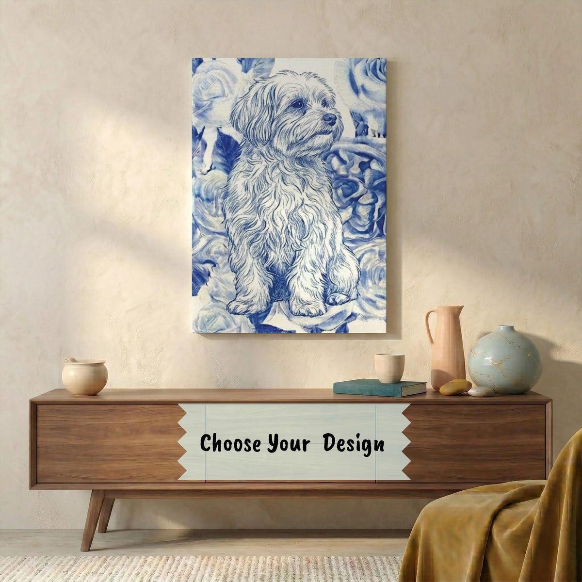 Custom Chinoiserie Dog Portrait Canvas, Pet Photo Print, Pet Name Wall Decor, Personalized Dogs Lovers Keepsake, Unique Pets Owner Gift