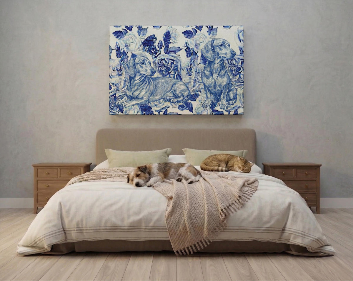 Custom Chinoiserie Dog Portrait Canvas, Pet Photo Print, Pet Name Wall Decor, Personalized Dogs Lovers Keepsake, Unique Pets Owner Gift