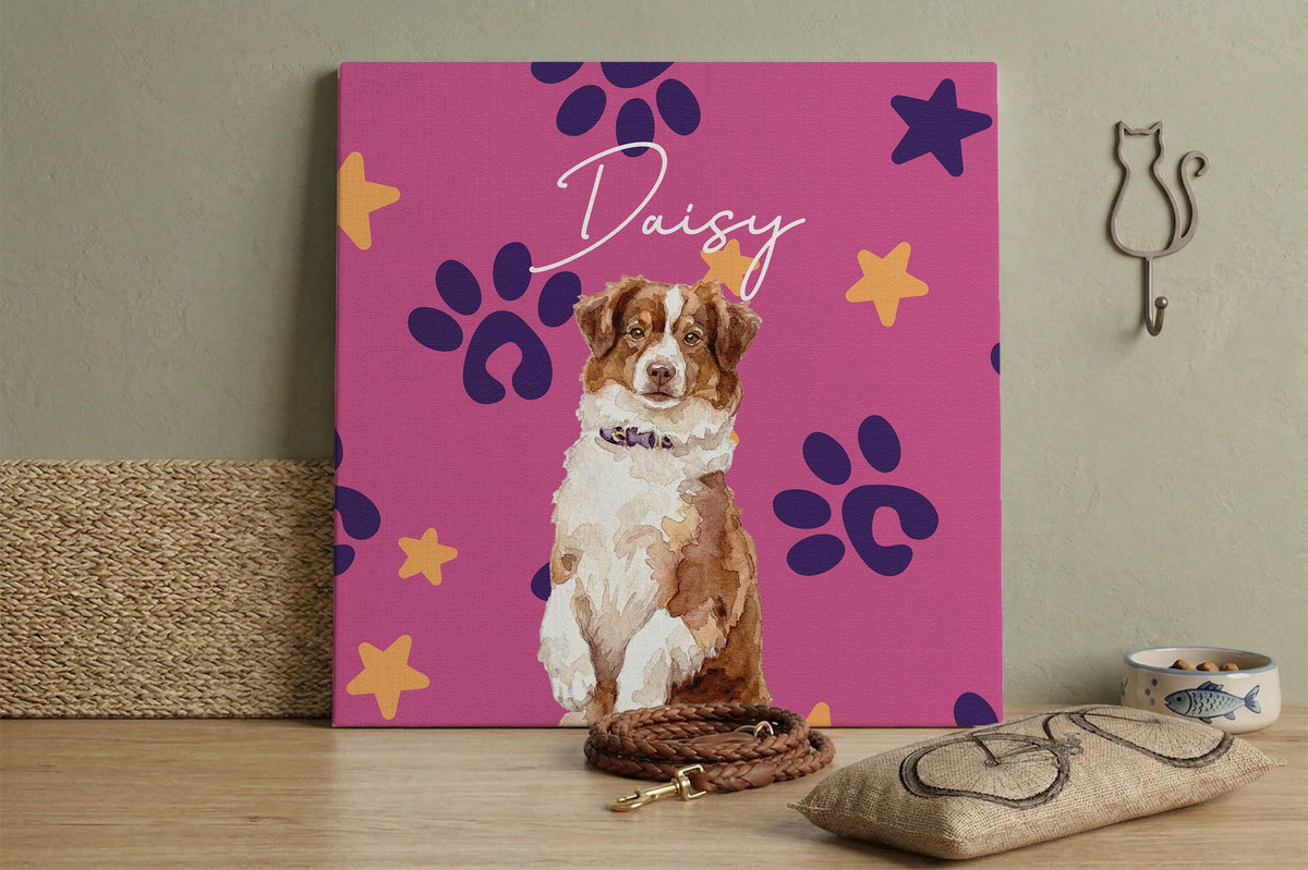 Personalized Watercolor Dog Photo Canvas Print, Pet Name Print Wall Art, Custom Dogs Lovers Gift, Unique Pets Owner Present