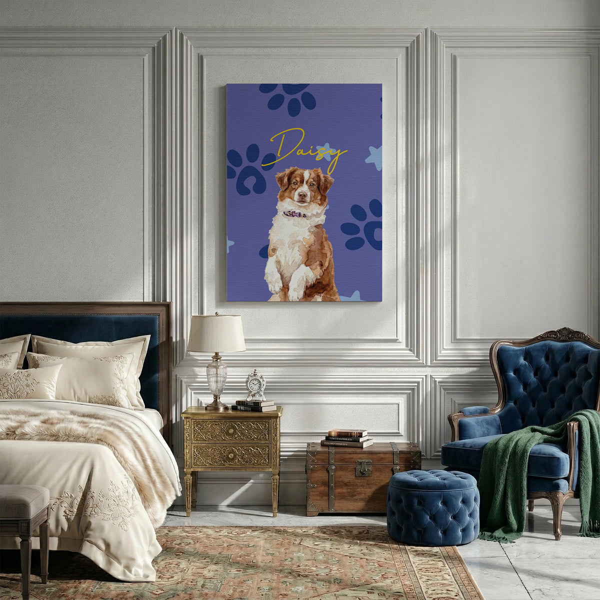 Personalized Watercolor Dog Photo Canvas Print, Pet Name Print Wall Art, Custom Dogs Lovers Gift, Unique Pets Owner Present