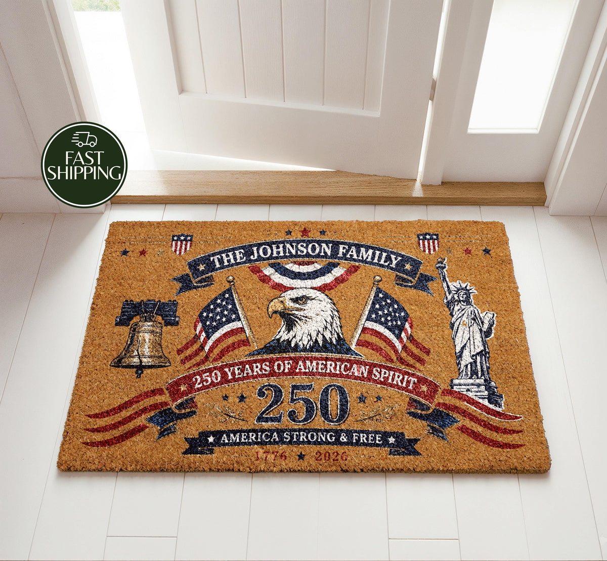 Custom Family Name Patriotic Doormat, Personalized 4 of July Welcome Mat