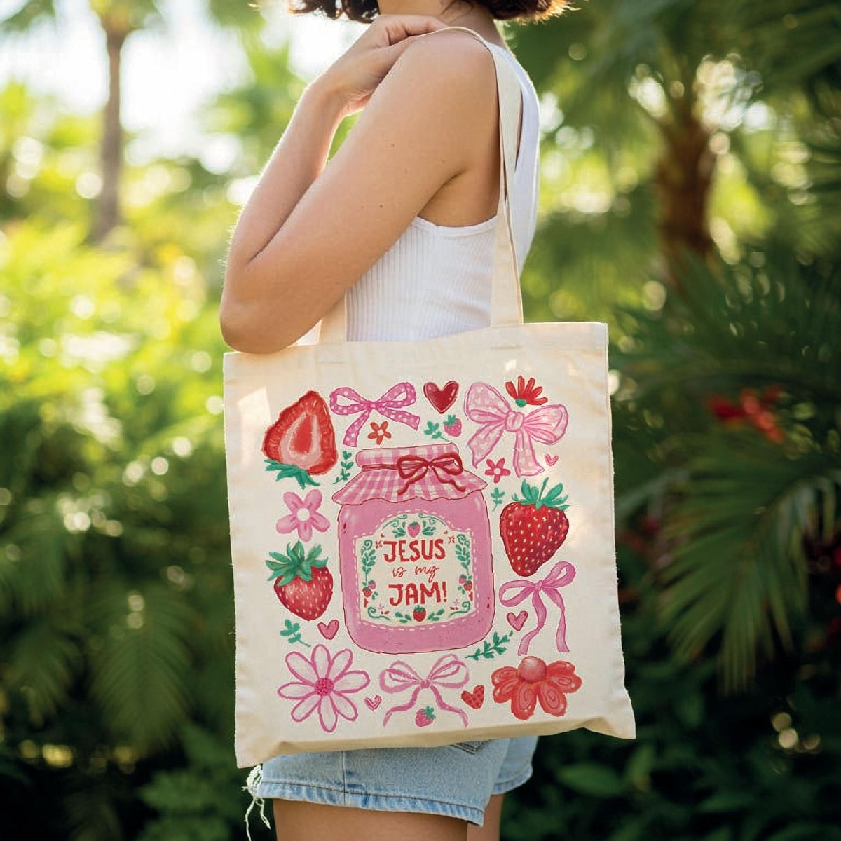 Jesus Is My Jam Tote Bag, Christian Strawberry Tote, Faith Canvas Bag, Cute Christian Gift, Floral Jam Tote Bag