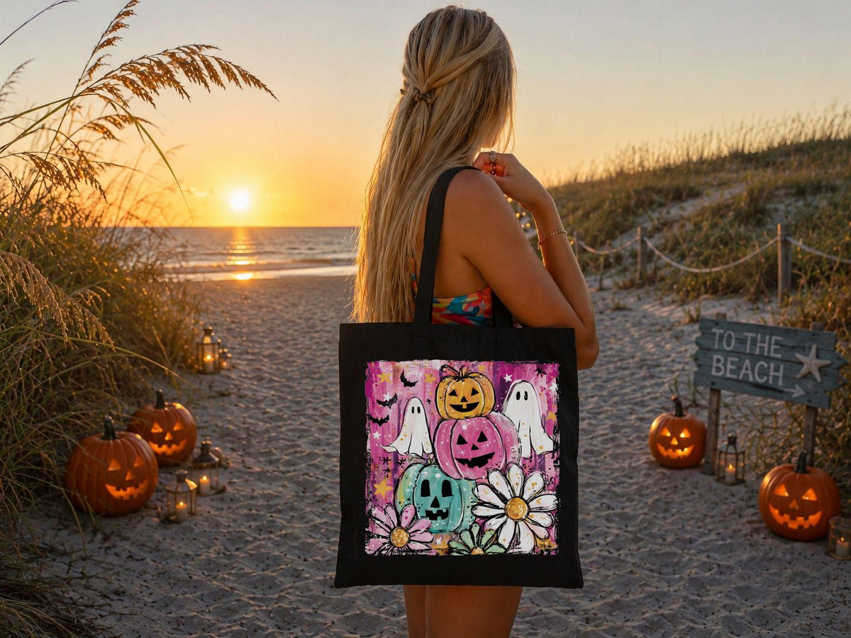 Spooky Summer Tote Bag, Halloween Beach Tote, Ghost Pumpkin Canvas Bag, Colorful Floral Tote, Cute Summer Bag