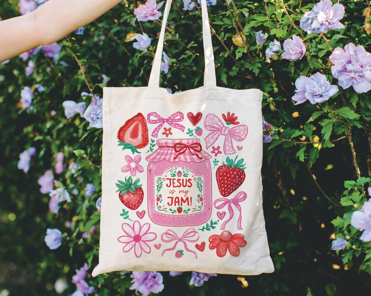 Jesus Is My Jam Tote Bag, Christian Strawberry Tote, Faith Canvas Bag, Cute Christian Gift, Floral Jam Tote Bag