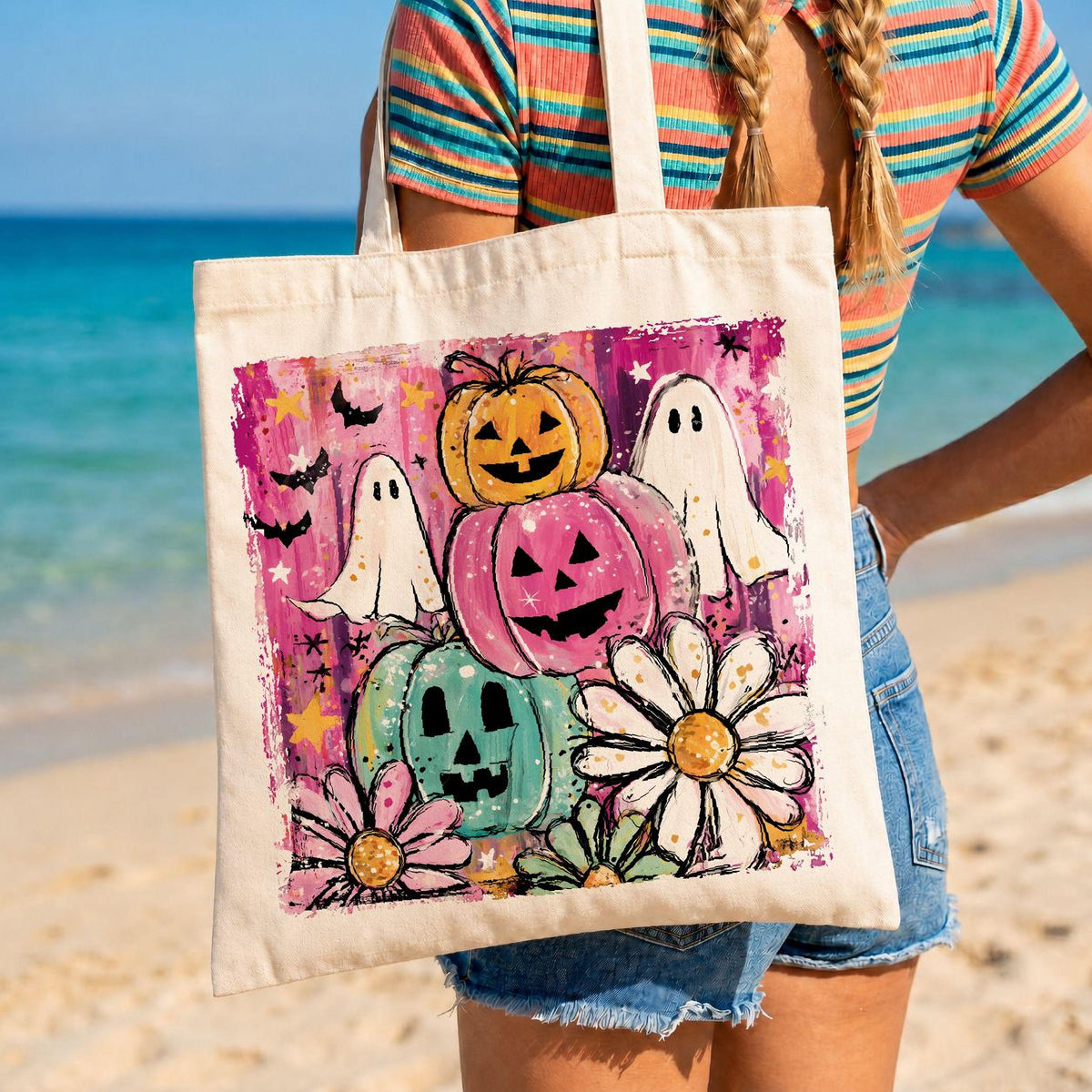 Spooky Summer Tote Bag, Halloween Beach Tote, Ghost Pumpkin Canvas Bag, Colorful Floral Tote, Cute Summer Bag