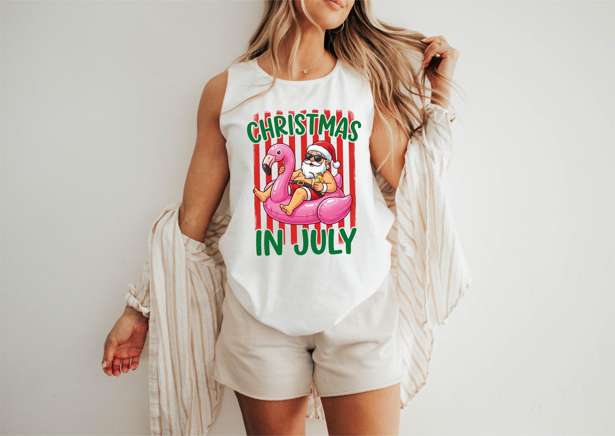 Comfort Colors® Christmas In July Tank Top, Santa Summer Vacation Tee, Tropical Xmas Party Gift