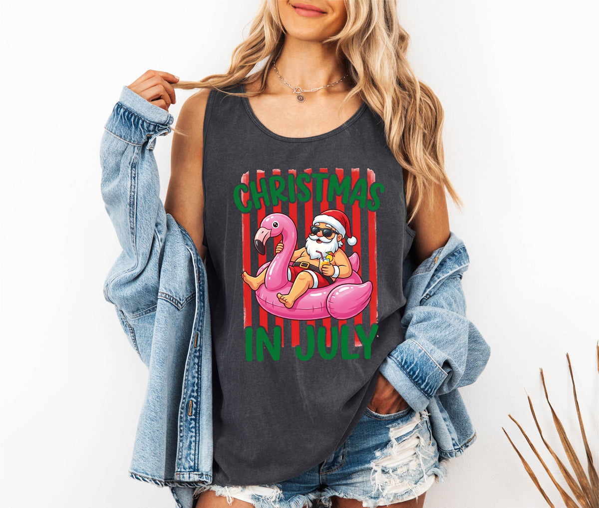 Comfort Colors® Christmas In July Tank Top, Santa Summer Vacation Tee, Tropical Xmas Party Gift