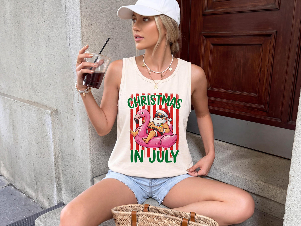 Comfort Colors® Christmas In July Tank Top, Santa Summer Vacation Tee, Tropical Xmas Party Gift