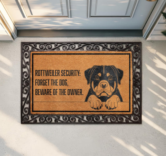 Funny Rottweiler Doormat, Forget the Dog Beware of Owner Welcome Mat, Pet Lover Housewarming Gift, Rottie Owners Front Porch Coir Rug