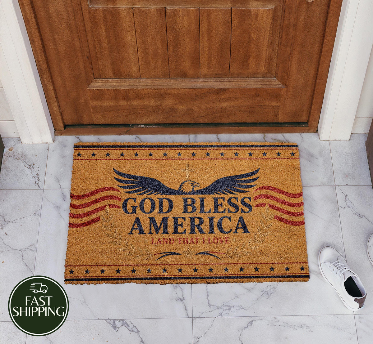 God Bless America Welcome Mat, Land That I Love Doormat, Patriotic USA Entryway Decor