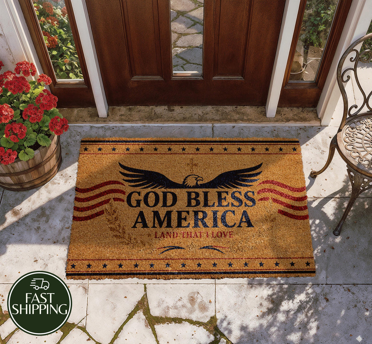 God Bless America Welcome Mat, Land That I Love Doormat, Patriotic USA Entryway Decor