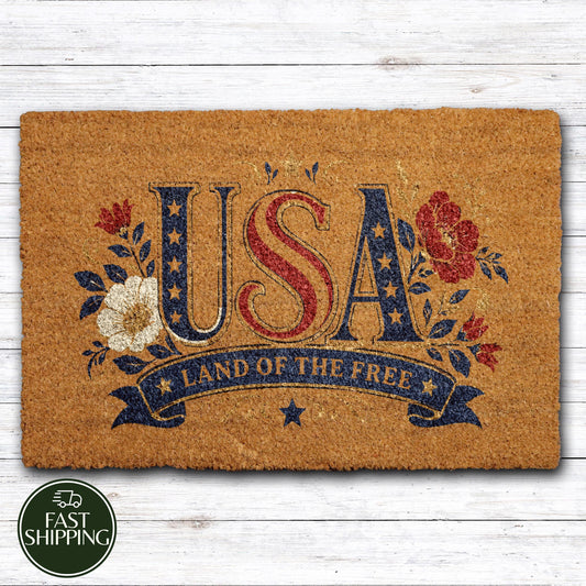 USA Land of the Free Welcome Mat, Floral 4th of July Doormat