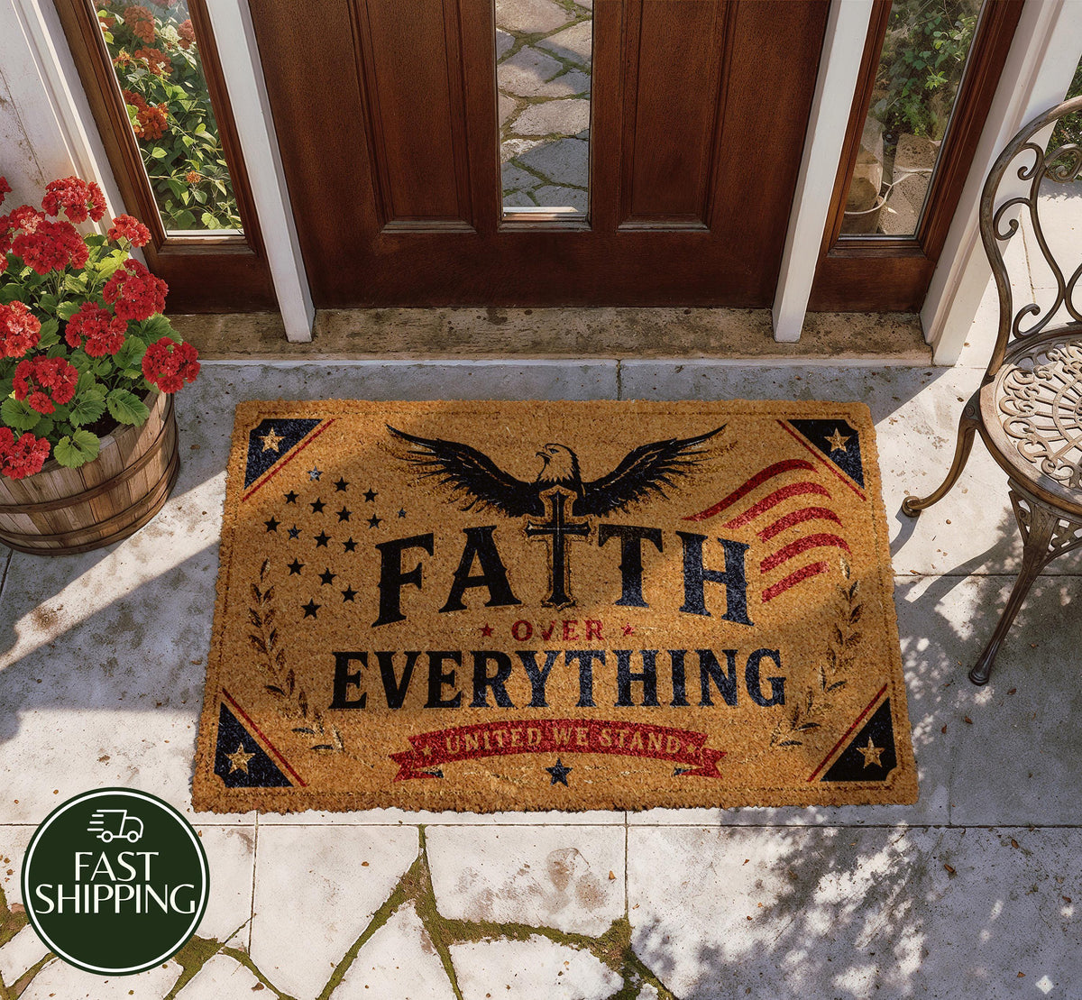Faith Over Everything Doormat, Patriotic Christian House Welcome Mat