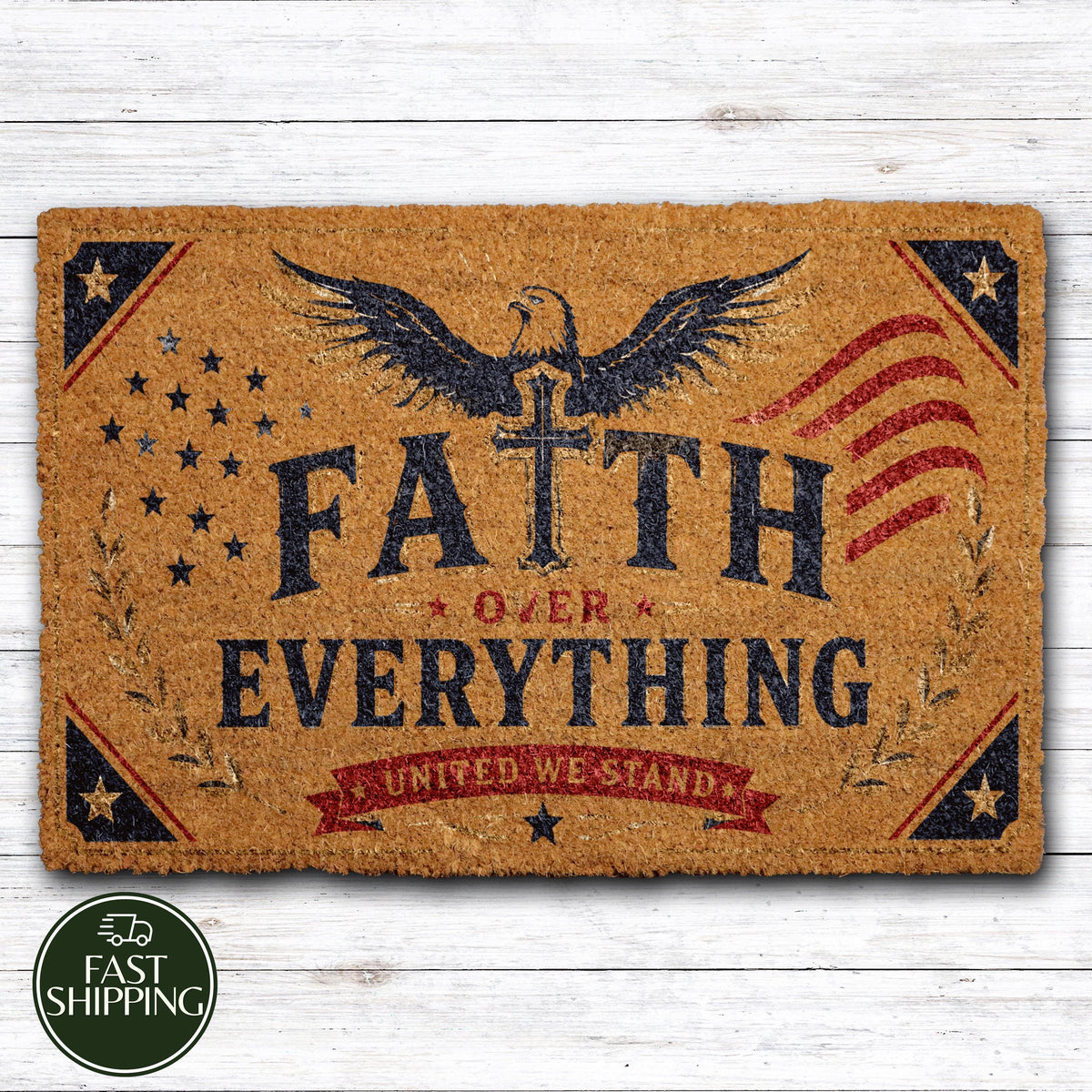 Faith Over Everything Doormat, Patriotic Christian House Welcome Mat