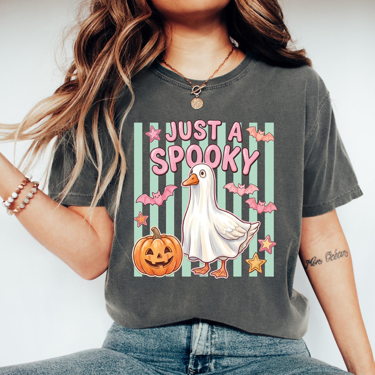 Comfort Colors® Just a Spooky Shirt, Striped Pumpkin T-Shirt, Halloween Gift Tee