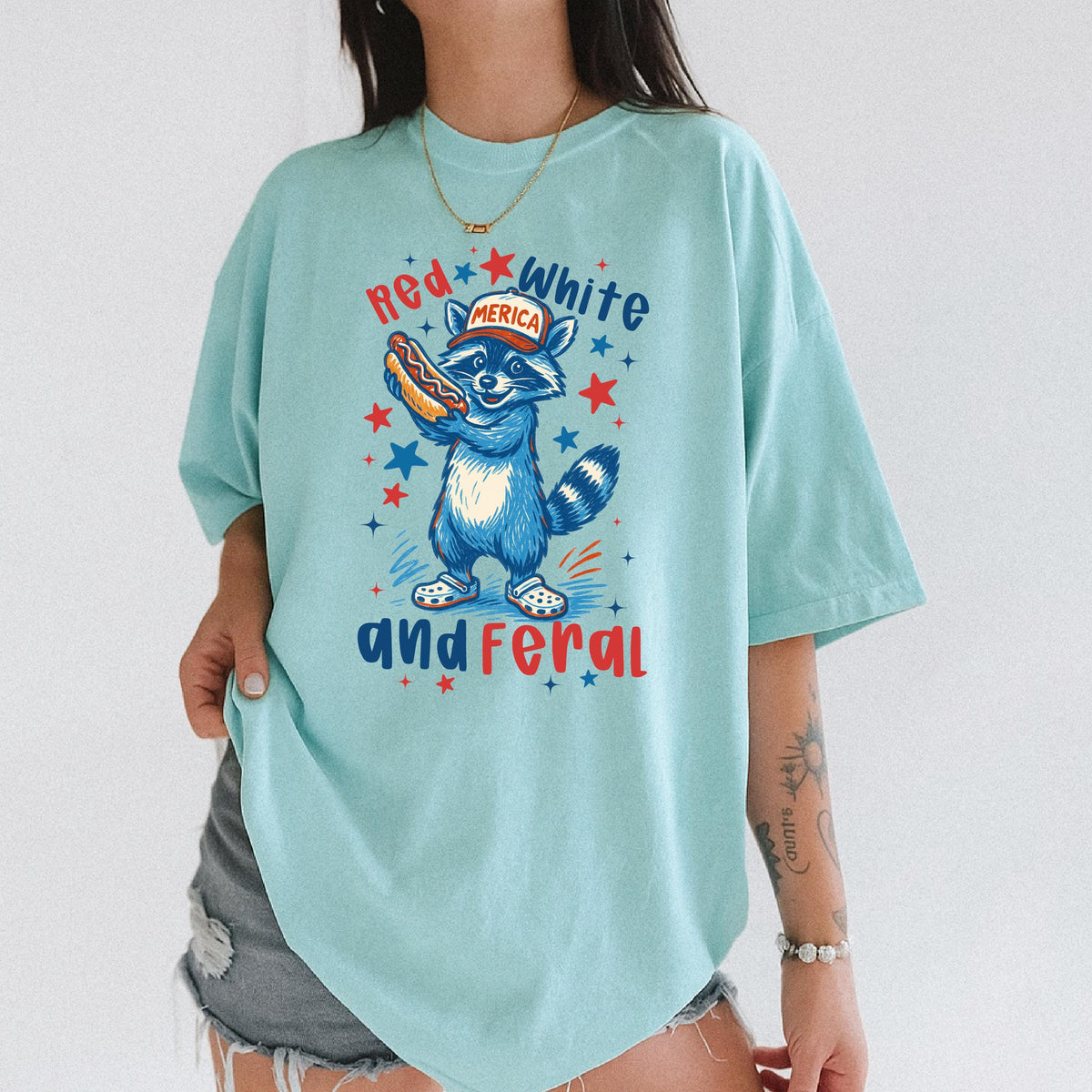 Red, White and Feral Raccoon Graphic Shirt