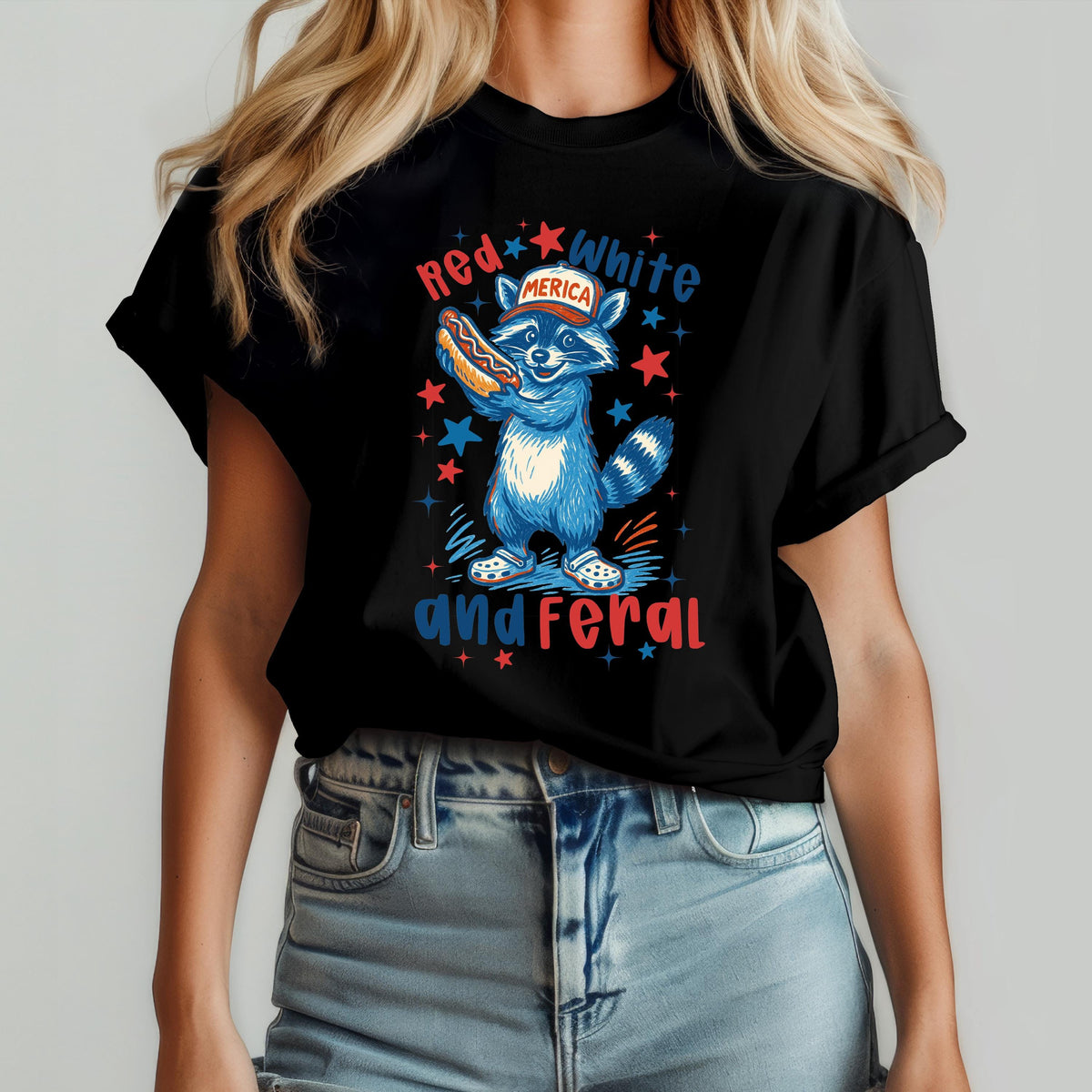 Red, White and Feral Raccoon Graphic Shirt