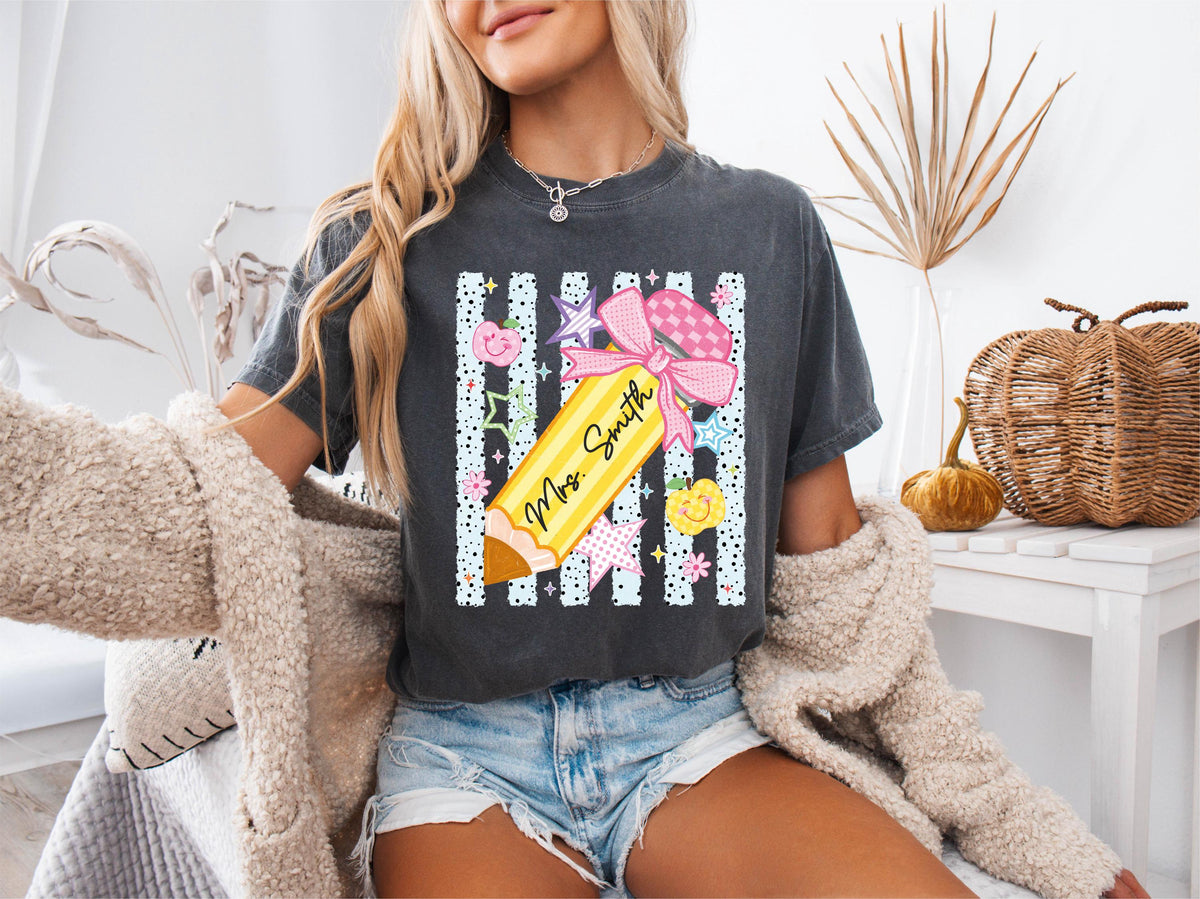 Comfort Colors® Personalized Pencil Teacher Shirt, Coquette Bow Apple Teacher Tee, Teacher Appreciation Gift, Preschool Teacher Name Tees