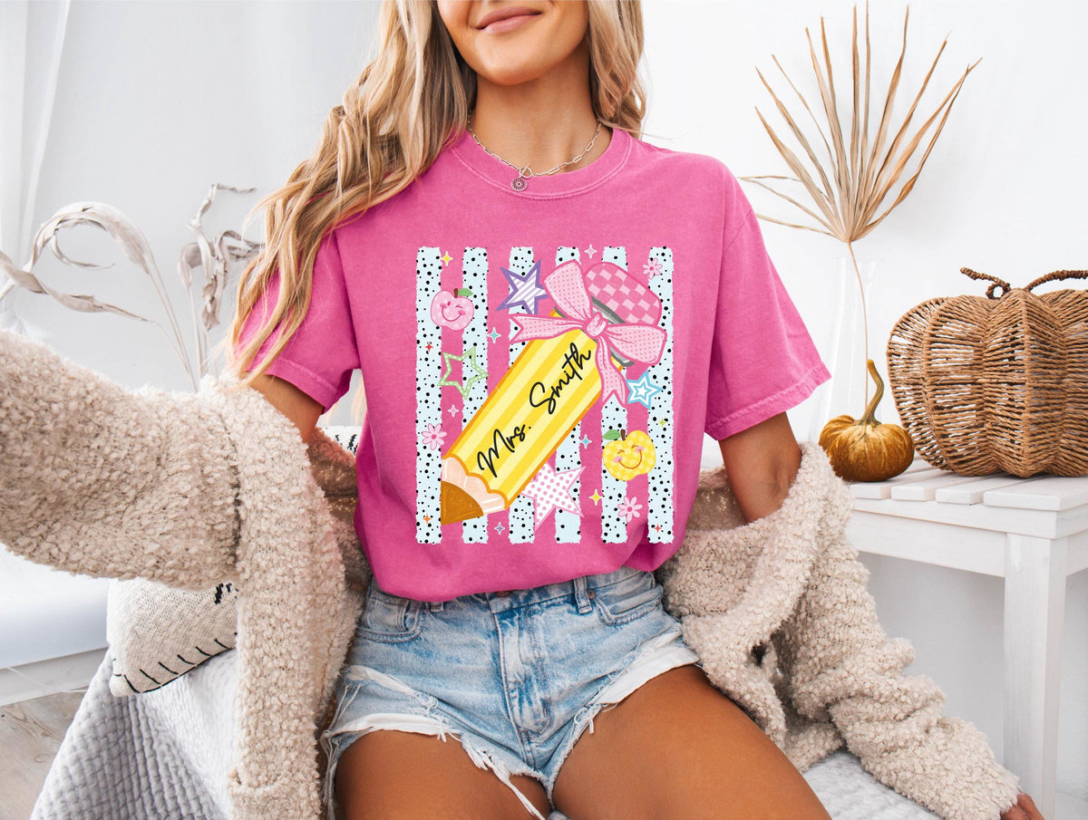Comfort Colors® Personalized Pencil Teacher Shirt, Coquette Bow Apple Teacher Tee, Teacher Appreciation Gift, Preschool Teacher Name Tees