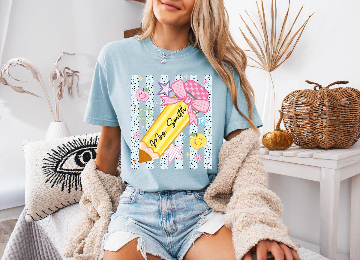 Comfort Colors® Personalized Pencil Teacher Shirt, Coquette Bow Apple Teacher Tee, Teacher Appreciation Gift, Preschool Teacher Name Tees