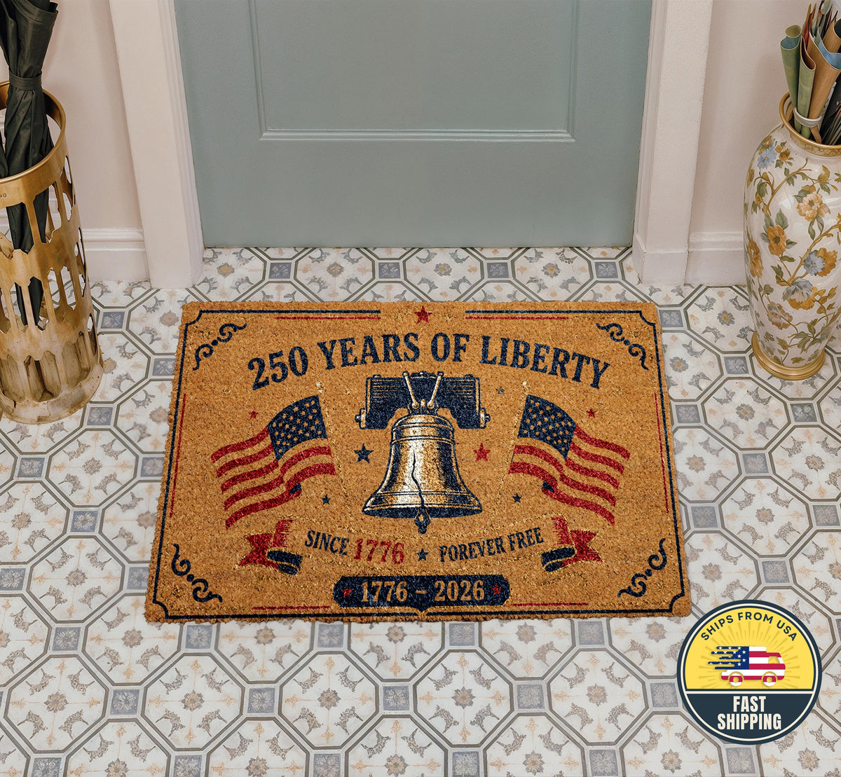 Patriotic America 250 Doormat, 250 Years of Liberty Welcome Mat, Liberty Bell Front Door Rug