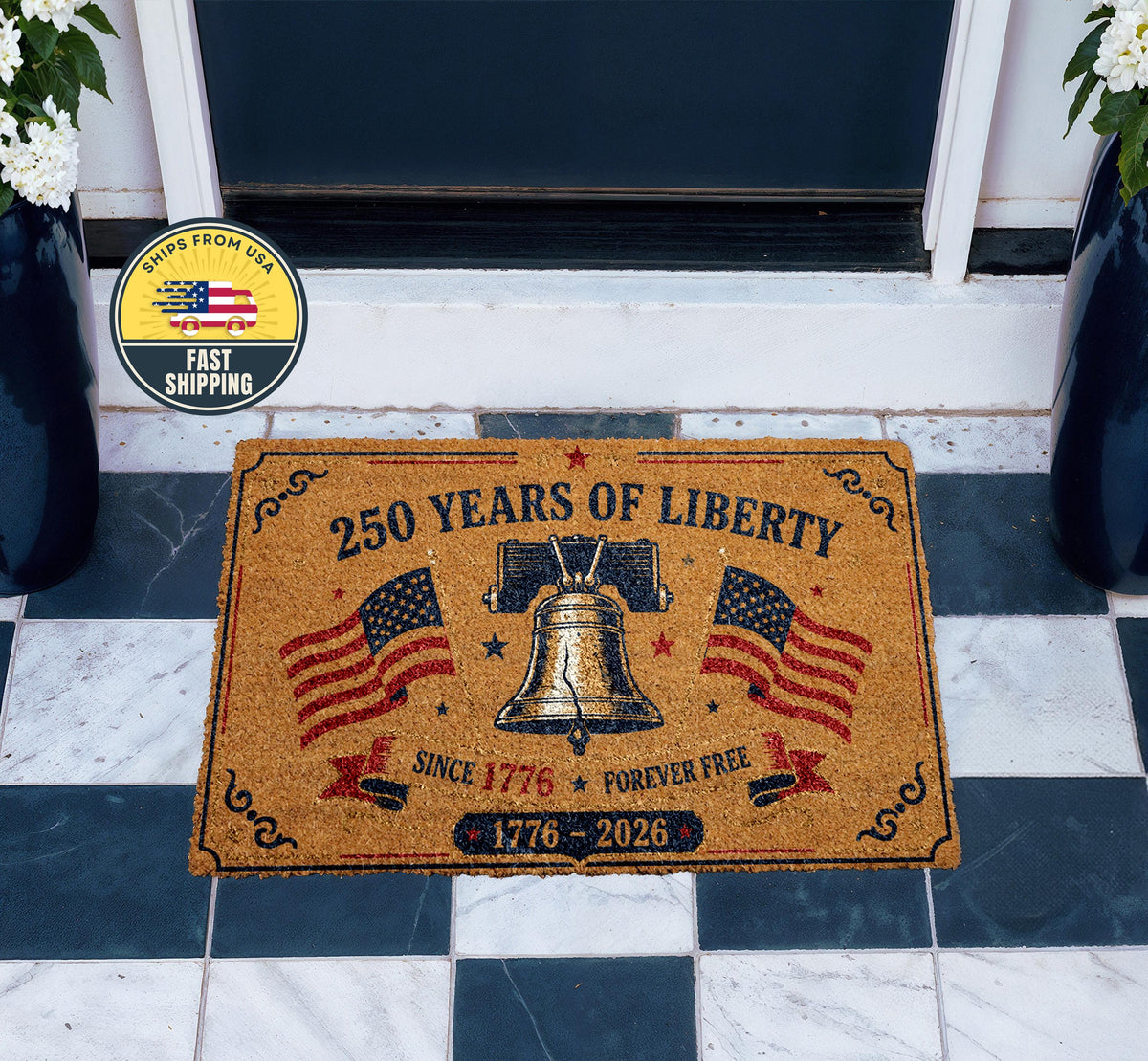Patriotic America 250 Doormat, 250 Years of Liberty Welcome Mat, Liberty Bell Front Door Rug