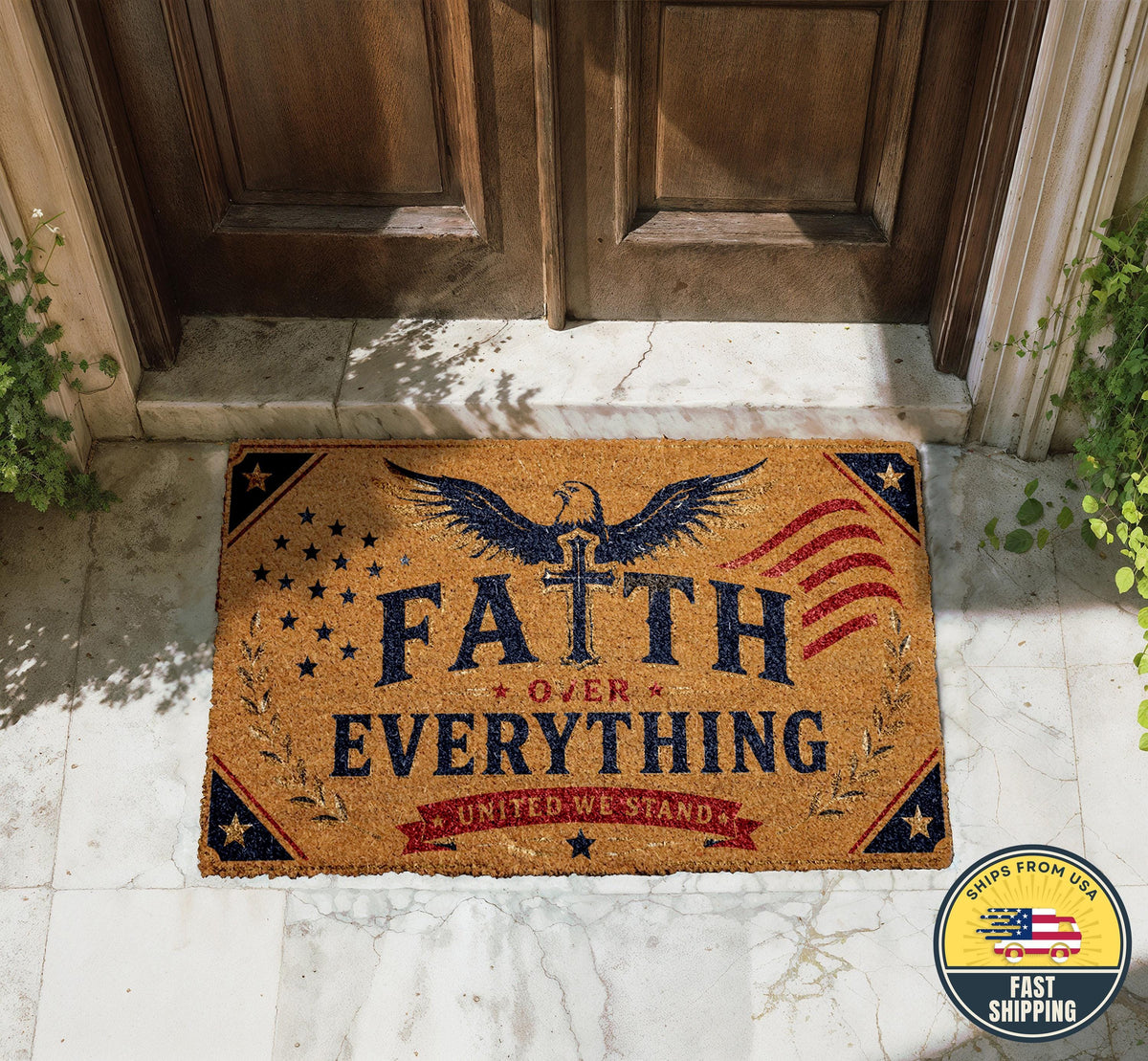 Faith Over Everything Doormat, Christian Patriotic Welcome Mat