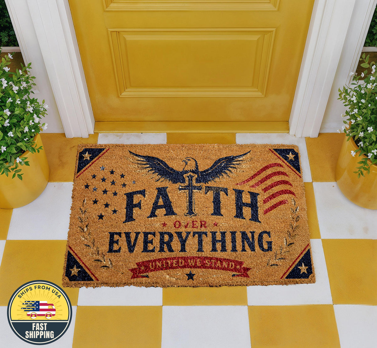 Faith Over Everything Doormat, Christian Patriotic Welcome Mat